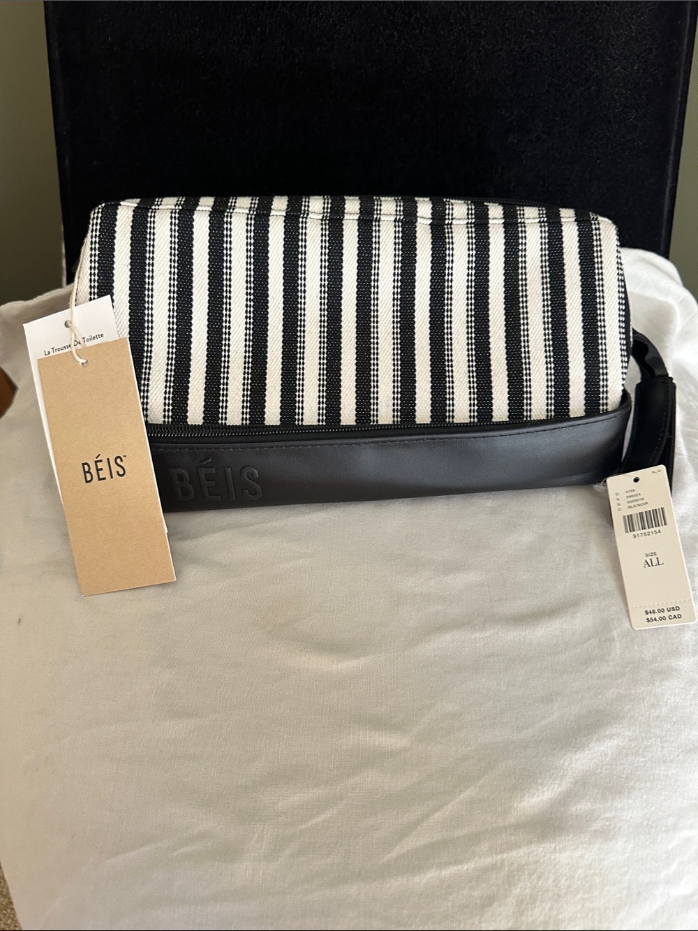 NWT, BEIS  “The Dopp Kit” Black and White Striped  Toiletry Bag